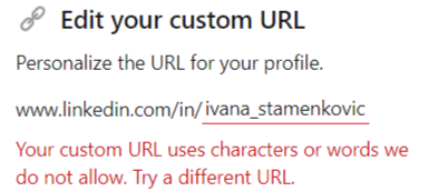 "LinkedIn" URL sadrži nedozvoljene karaktere