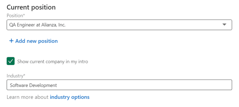 Prikaz trenutnog zaposlenja u uvodnom odeljku na "LinkedIn" profilu