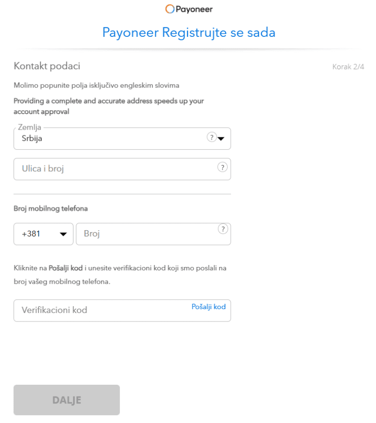 "Payoneer" registracija - drugi korak