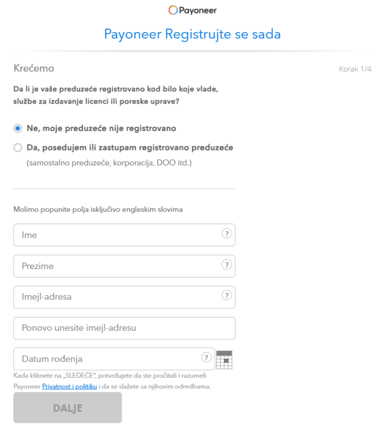 "Payoneer" registracija - prvi korak