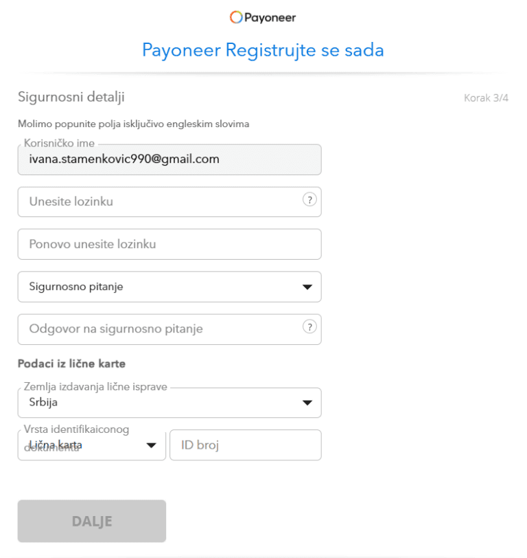 "Payoneer" registracija - treći korak