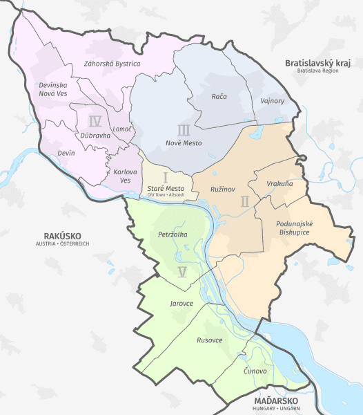 Mapa okruga i gradskih opština u Bratislavi